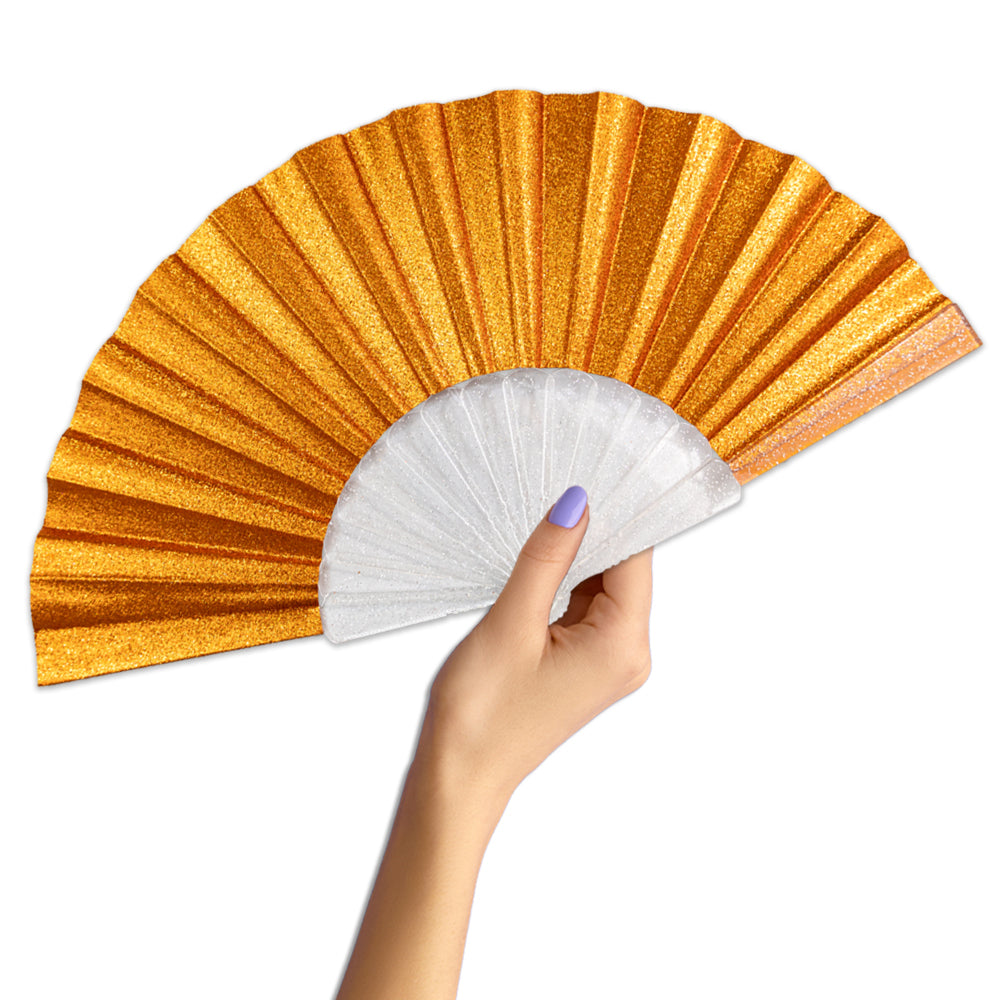 Orange Glitter Small Hand Fan (Clear Handle)