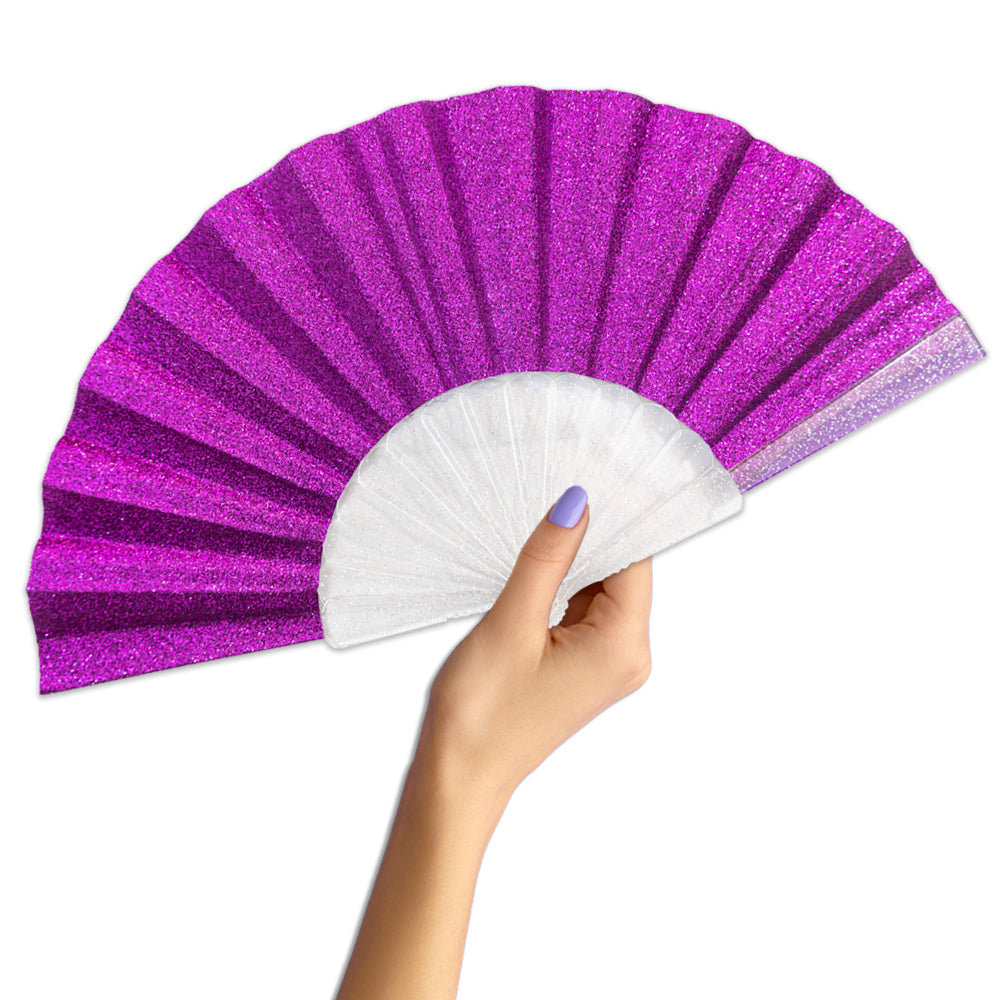 Purple Glitter Small Hand Fan (Clear Handle)