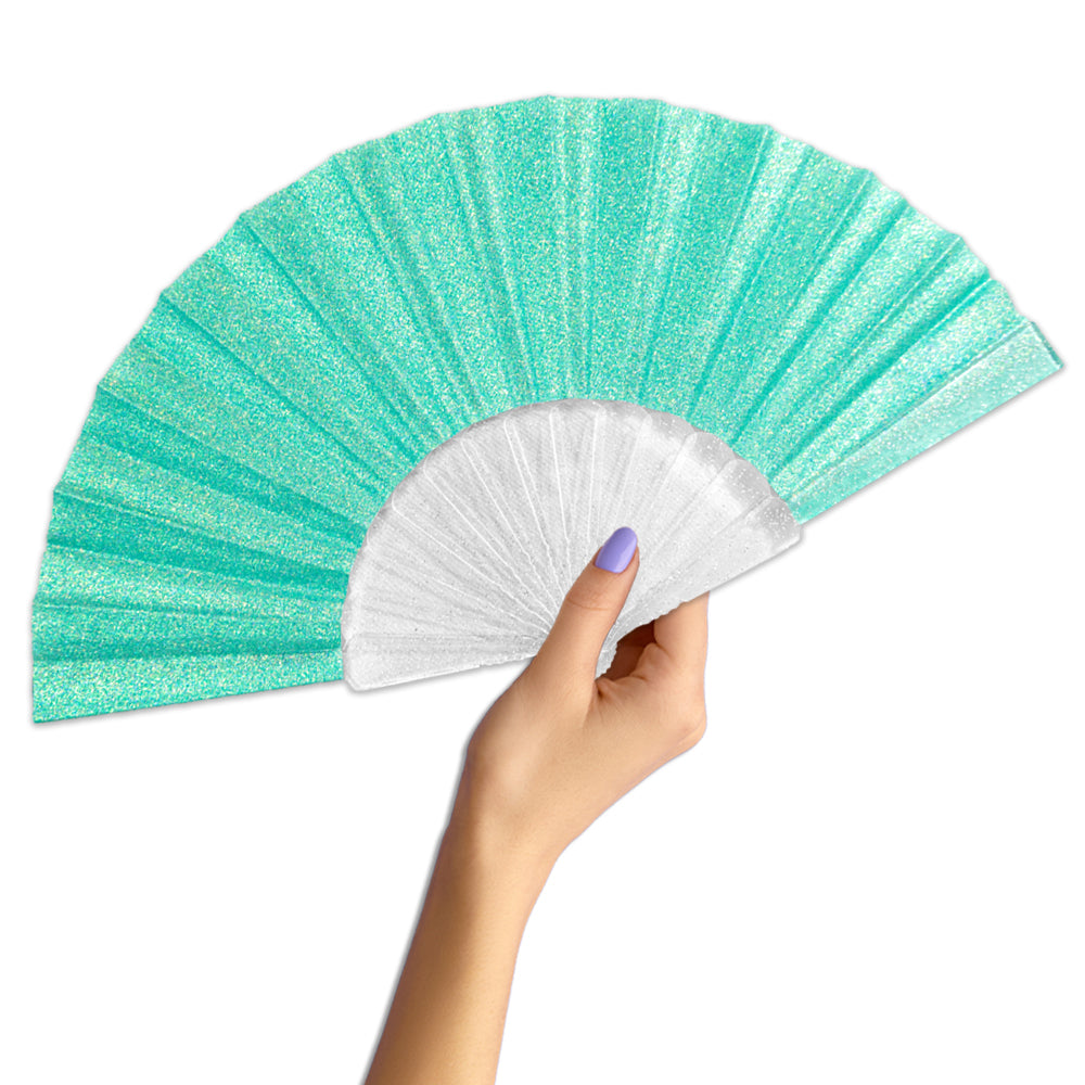 Mermaid Green Glitter Small Hand Fan (Clear Handle)