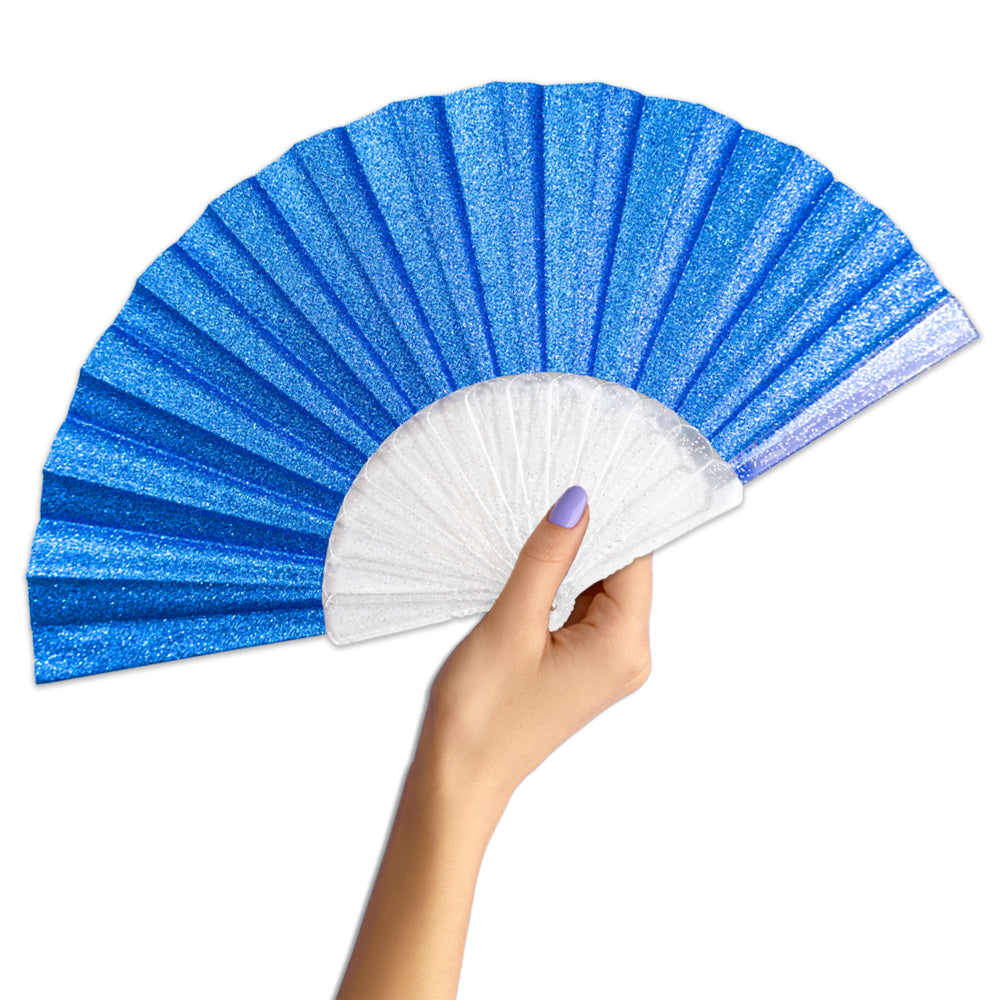 Royal Blue Glitter Small Hand Fan (Clear Handle)
