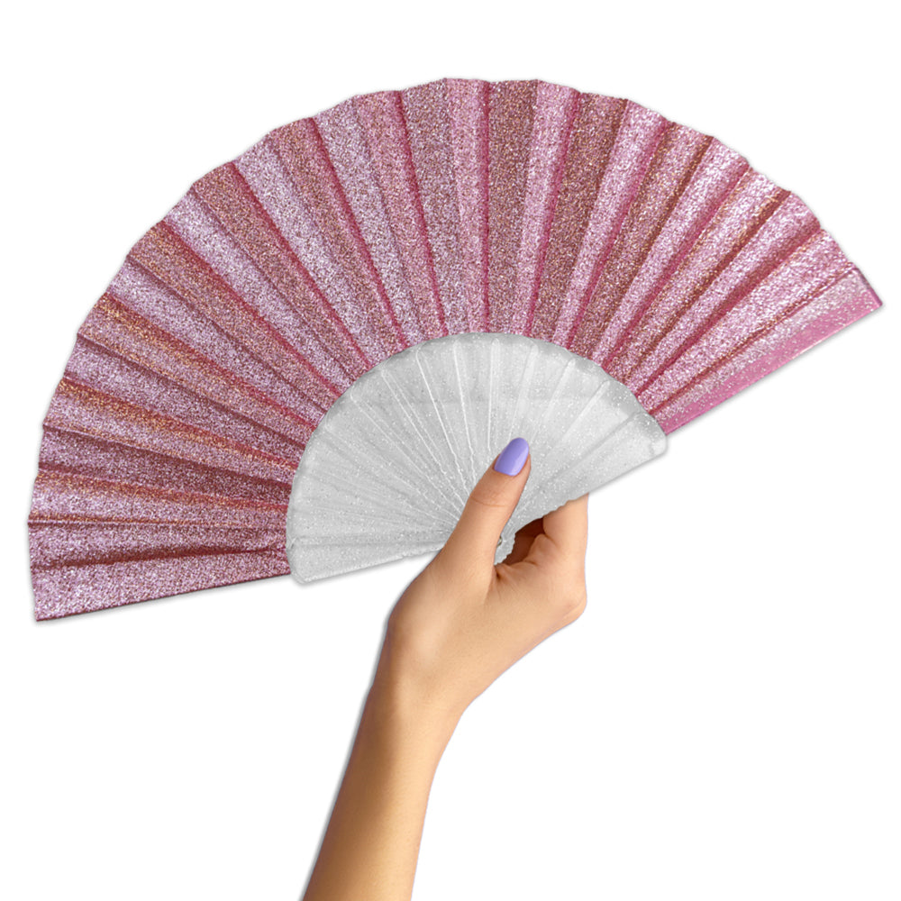 Pink Glitter Small Hand Fan (Clear Handle)
