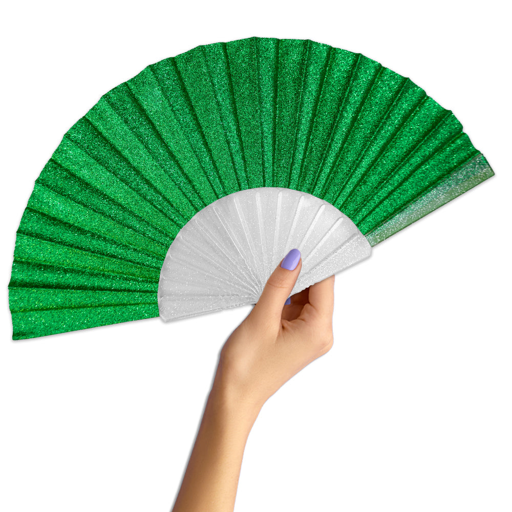 Green Glitter Small Hand Fan (Clear Handle)