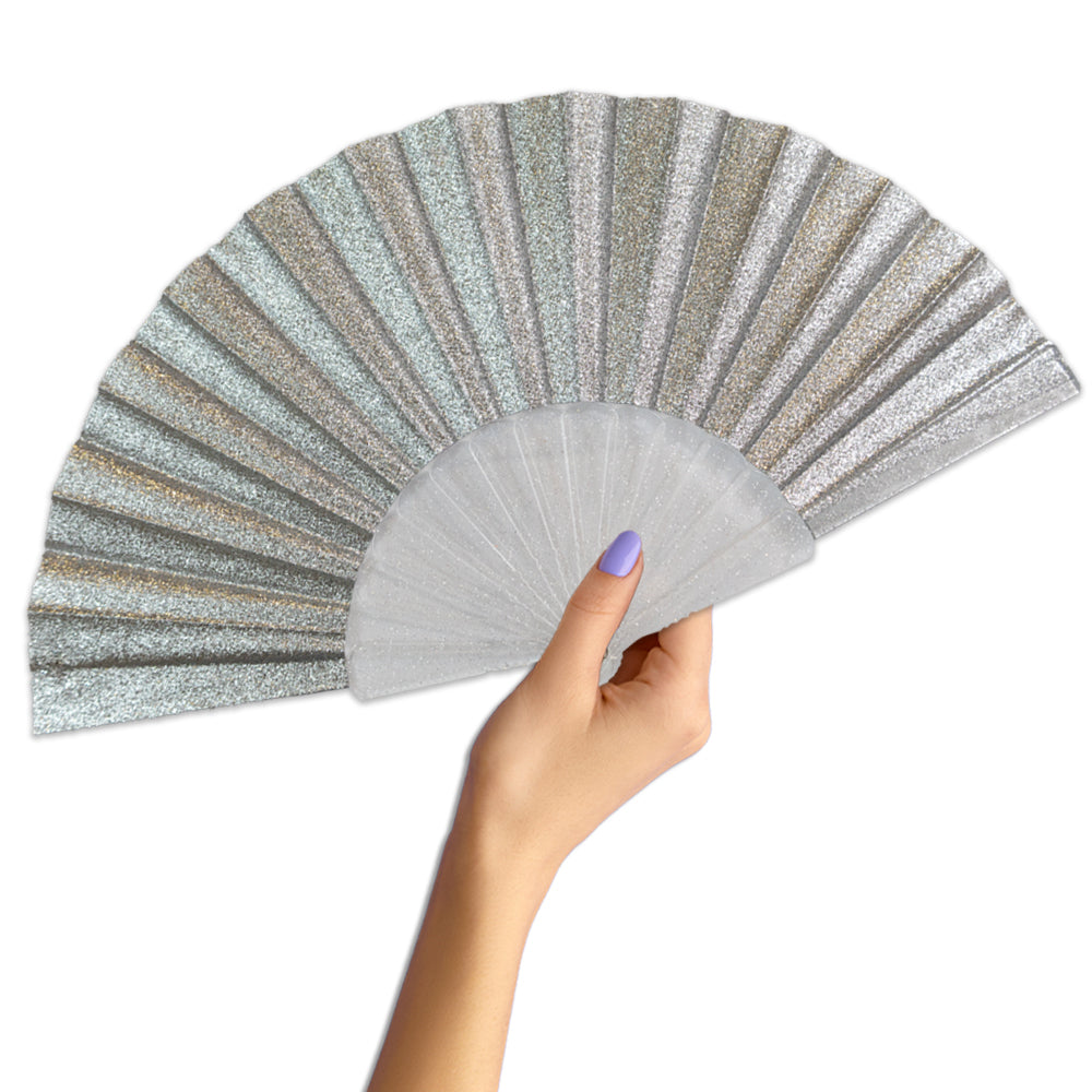 Silver Glitter Small Hand Fan (Clear Handle)