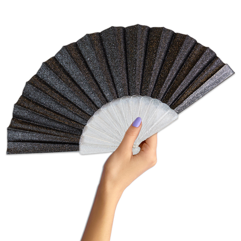 Black Glitter Small Hand Fan (Clear Handle)