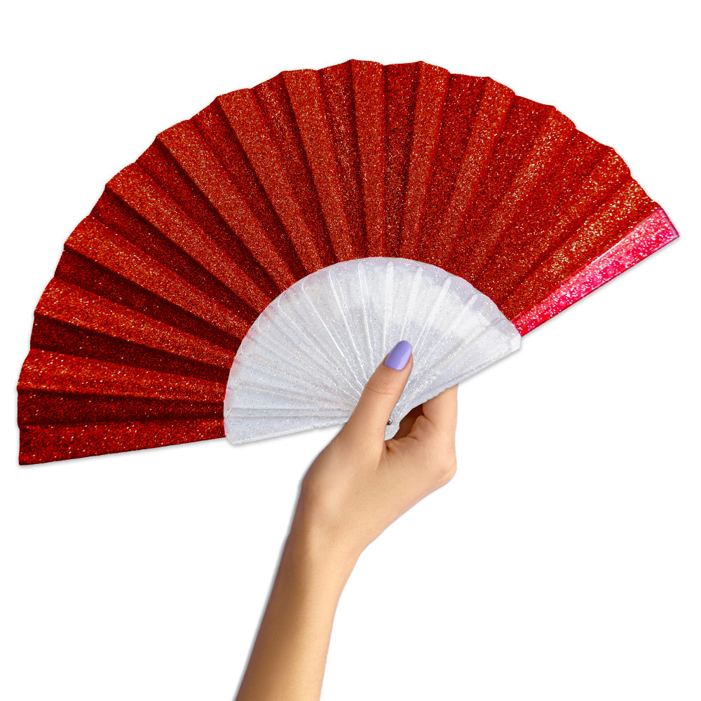 Red Glitter Small Hand Fan (Clear Handle)