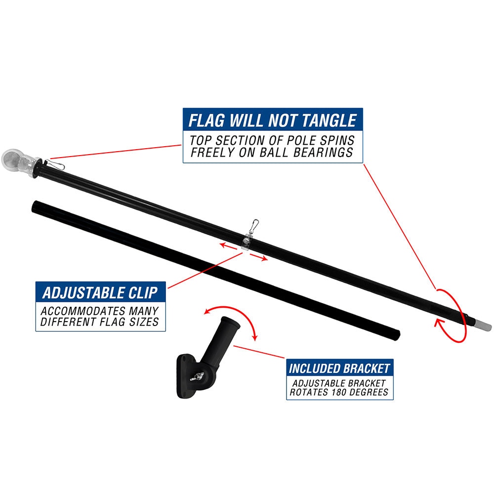 6ft Tangle Free Flag Pole & Bracket Kit - Black