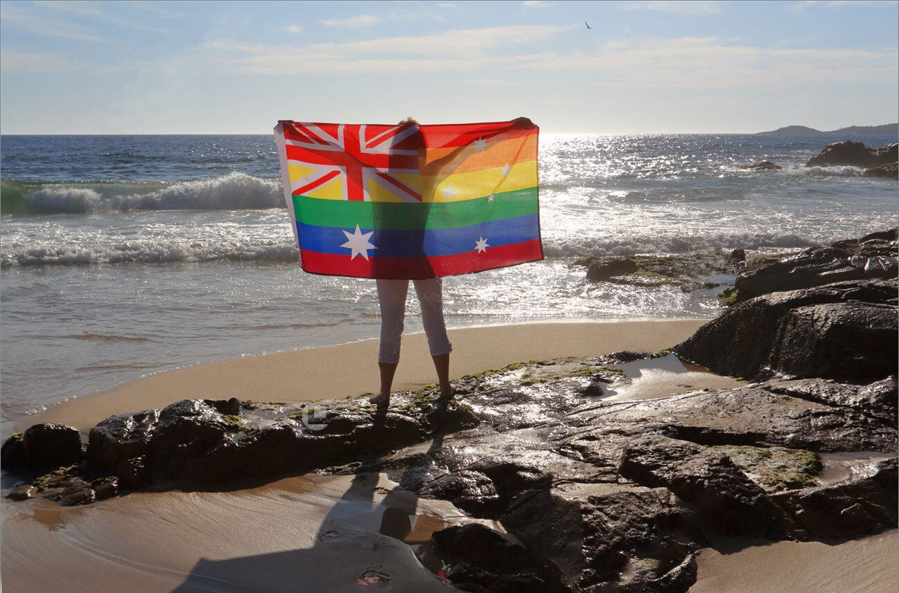 Australia Rainbow Flag 3x5ft Held Behind Person Outdoors