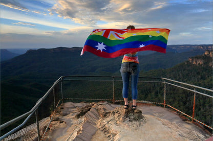 Australia Rainbow Flag 3x5ft Held Behind Person Outdoors