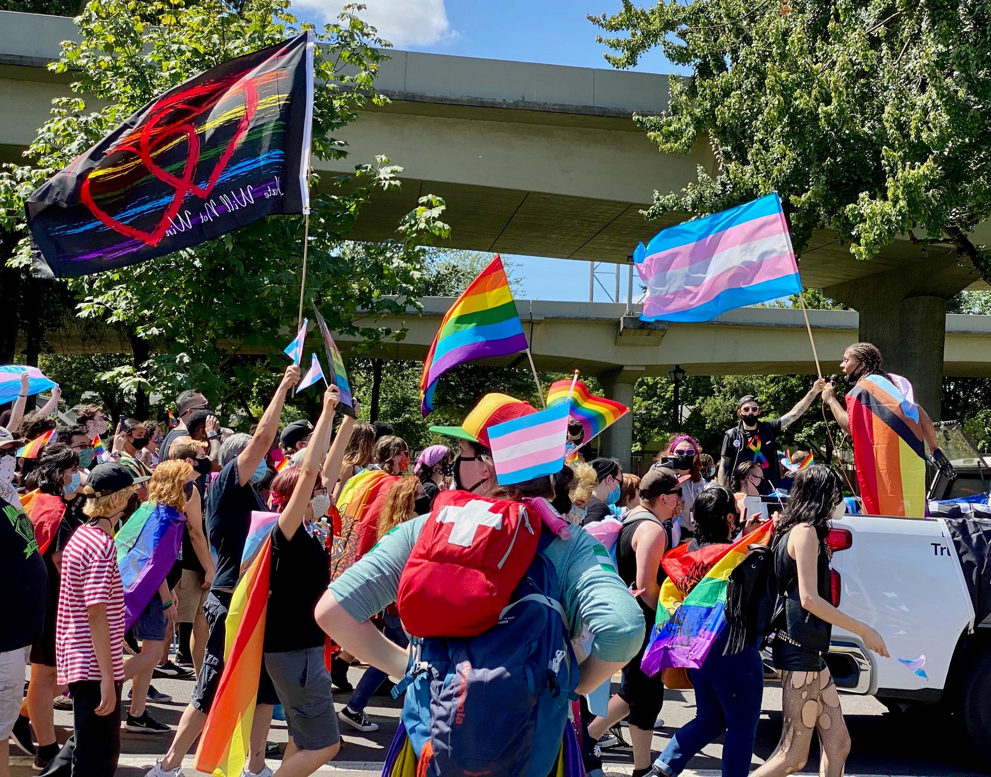 Hate Will Not Win Flag 3x5ft on Pole at Parade