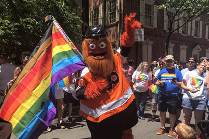 Philly Rainbow Flag 3x5ft held by Phillies Mascot