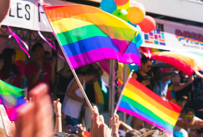 Multiple Rainbow (6 Stripe) Stick Flags 12x18in Held up at Parade