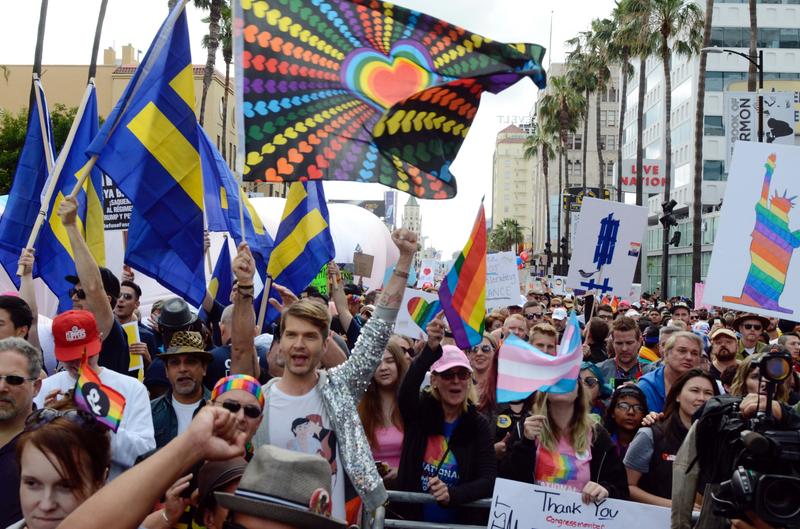 Rainbow Hearts Flag 3x5ft on Pole at Parade