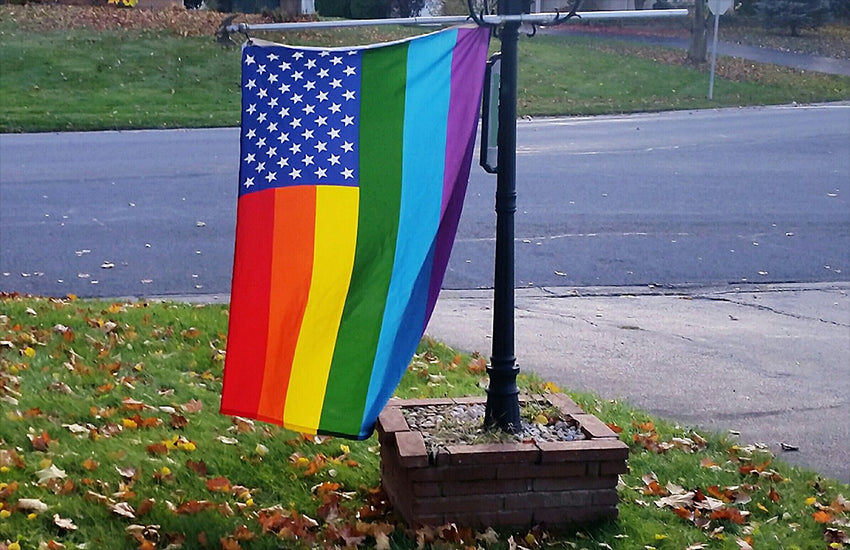 Rainbow American Flag 2x3ft Displayed Below Mail Box