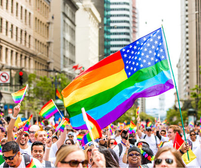 Rainbow American Flag 3x5ft on Pole at Parade